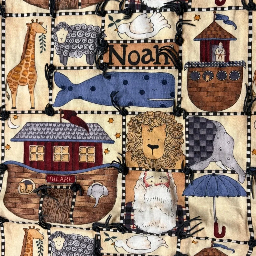 Handmade Noahs Ark‎ Baby Quilt Blanket Animals Nursery Blue Yellow 40x52